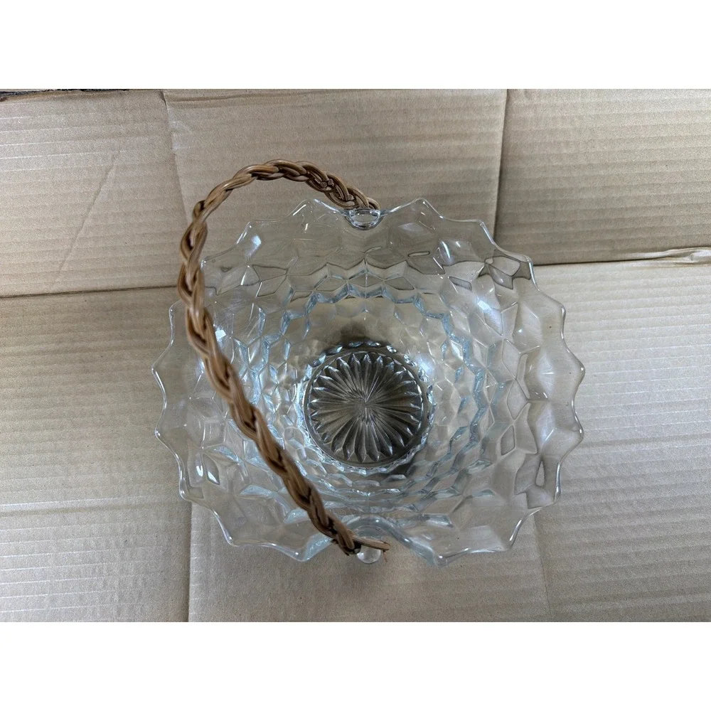 Rare Vintage Fostoria American Cube Glass Basket Wicker Handle Ruffled Rim
